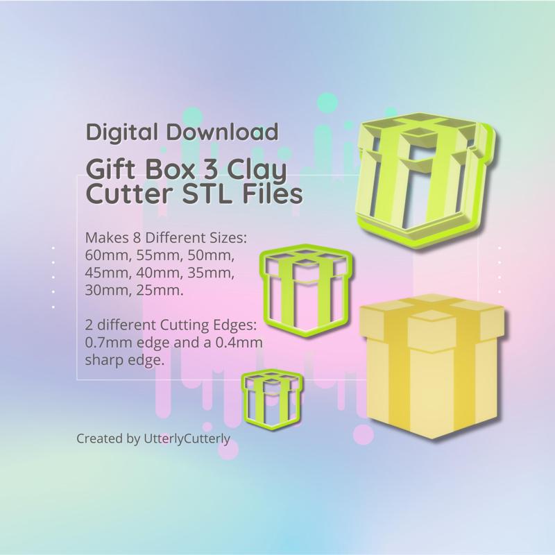 Clay Cutter STL File - Gift Box 3 - Christmas Present Earring Digital File Download- 8 sizes and 2 Cutter Versions, cookie cutter