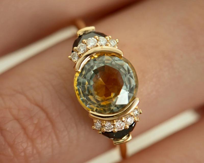 Round Sapphire with Half Moon Diamond Engagement Ring