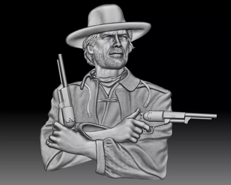 Cowboy shooter Clint Eastwood portrait western bas-relief