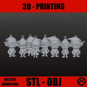 8 CHRISTMAS ELFOS Digital STL file for printing, keychains, tree decorations, etc.
