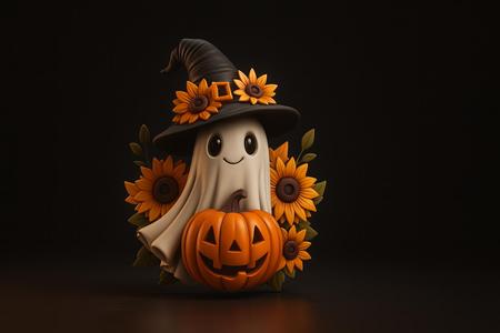 Cute Halloween Ghost with Witch Hat and Pumpkin – Fall Decor, Spooky Season Decoration, Autumn Sunflower Ornament
