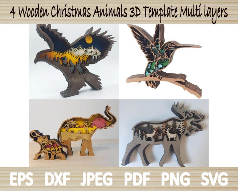 4 Wooden Animals Ornament Templates - Glowforge Files SVG Cut CO2 CNC Vector