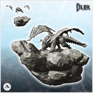 Dragon walking on a rock, big tail with scales and spikes, horns on the head (23) - Medieval Dark Chaos Animal Beast Undead Tabletop Terrain