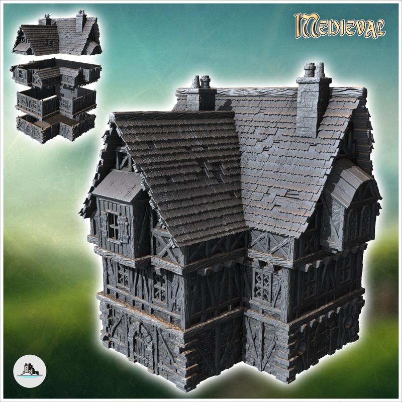 Medieval half-timbered stone house with wooden oriel windows (37) - Medieval Gothic Feudal Old Archaic Saga 28mm 15mm RPG