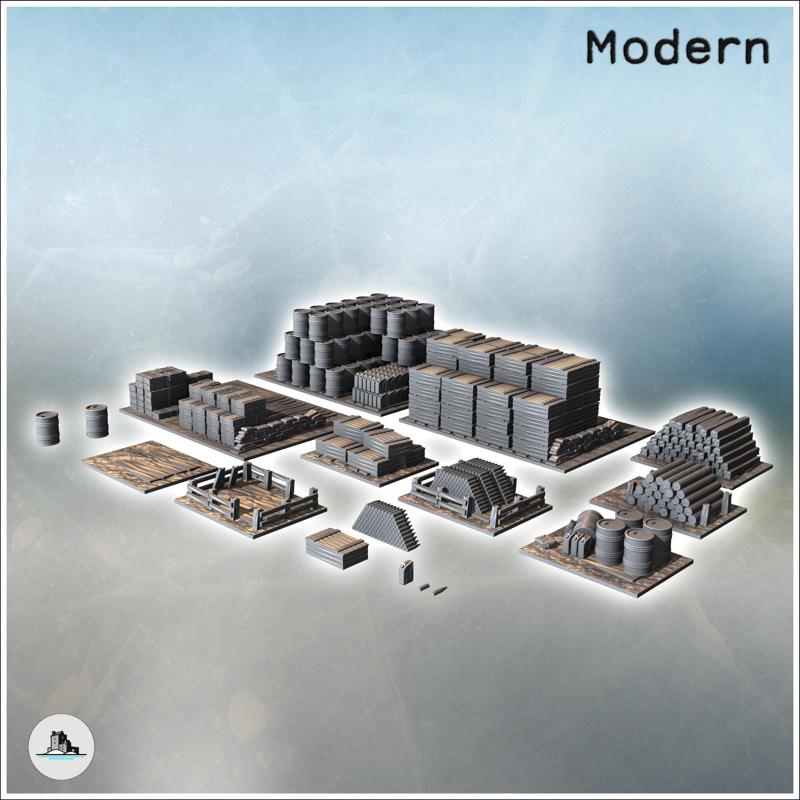 Set of ammunition depot accessories with shells, barrels, and crates (3) - Modern WW2 WW1 World War Diaroma Wargaming RPG Mini Hobby