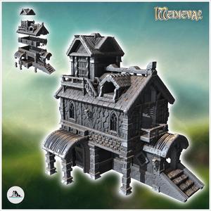 Large medieval building with access staircase and multiple terraces (45) - Medieval Gothic Feudal Old Archaic Saga 28mm 15mm RPG
