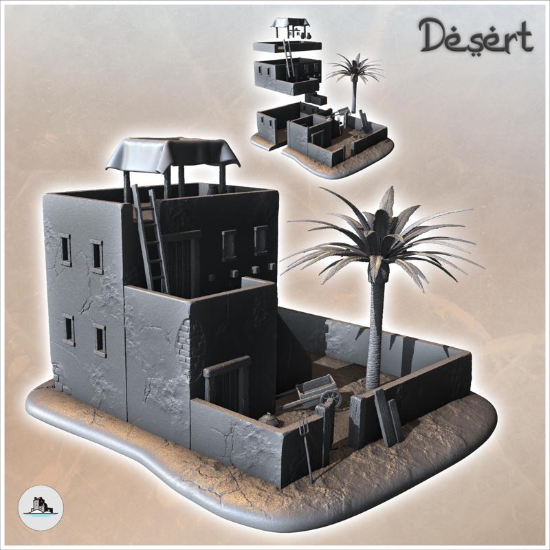 Desert house with flat double roofs and palm tree (10) - Canyon Sandy Landscape 28mm 15mm RPG DND Nomad Desertland African