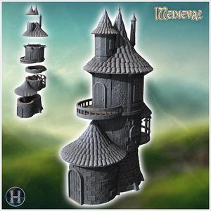 Medieval tower with tiled roof, wooden door, stone block walls and multiple railed balconies (15) - Medieval Gothic Feudal Old Archaic Saga 28mm 15mm RPG