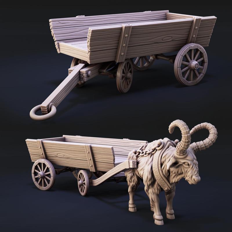 Beast of Burden and Cart | Great Horned Oxen Pulling Trailer | Cow, Bison, Bull, Ox for 32mm TTRPG Games