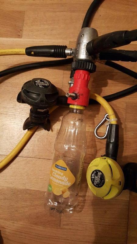 Soda bottle to scuba DIN first stage attachment valve