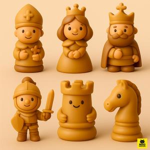 Cute Chess Characters Full 3D Printable Set Pack | (King, Queen, Bishop, Knight, Rook, Pawn)