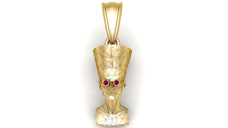 Golden Nefertiti Geometric Pendant with Ruby Eyes