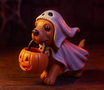 Adorable Halloween Puppy Ghost with Pumpkin Basket | Cute Dog in Costume | 3D Printed Halloween Decoration