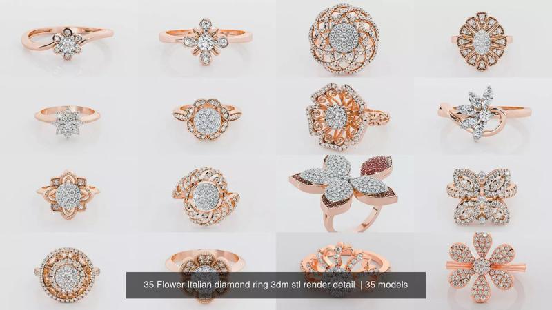 35 Flower Italian diamond ring 3dm stl render detail  3D Model Collection