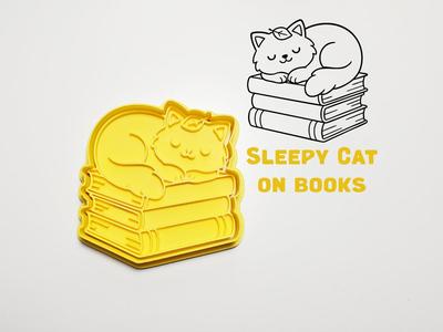 Sleepy Cat on Books Cookie Cutter / Stamp