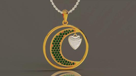 Pave set round cut diamond moon and heart pendant