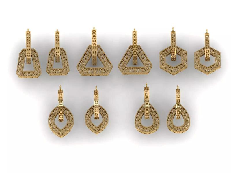 A set of two-part geometric pendants in various shapes