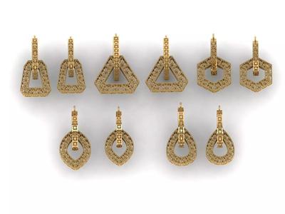 A set of two-part geometric pendants in various shapes
