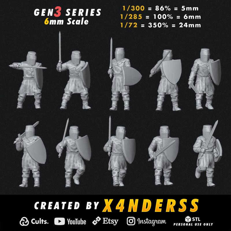 By X4NDERSS • 6mm Unit 2 • Gen3 •  1/285 1/300 1/72 Scale • x10 Stylized Miniature Heroic Models Knight Medieval Knights 3D Print Printing Fantasy Warrior Total War Mini Micro