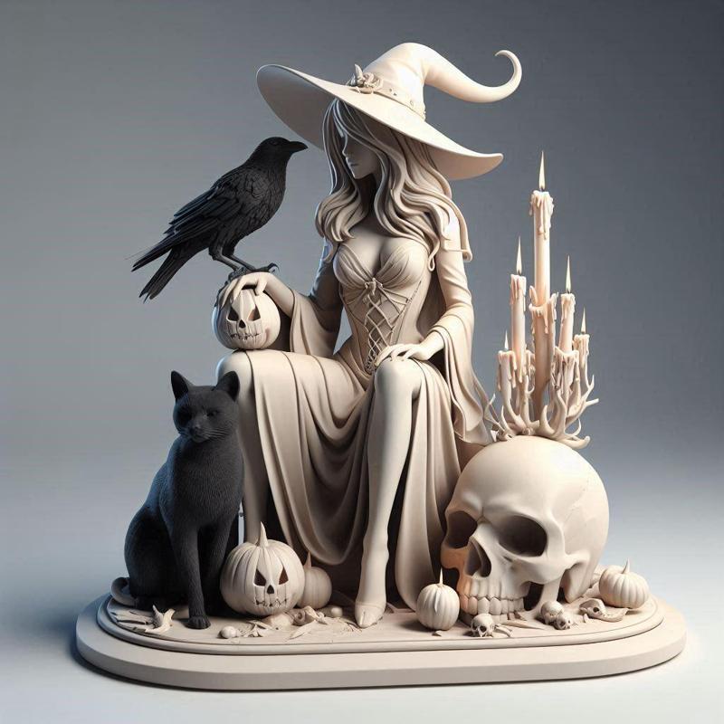754 Elegant White Witch with Candles, Black Raven, Black Cat and Skull - Full-Body Figurine, statue, magic, creature, dinosaur, sculpture, poodle, bear, troll, monkey, witch, werewolf, dachshund, pug, serpent, dragon, dnd, cat, monster hunter, dog
