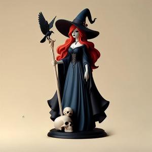 730 Red-Haired Witch with Raven - Full-Color 3D Model, magic, creature, sculpture, fantasy, wood, base, sword, warrior, wild, dragon, dnd, cat, monster, dog, godzilla, fair, totem, witch, werewolf
