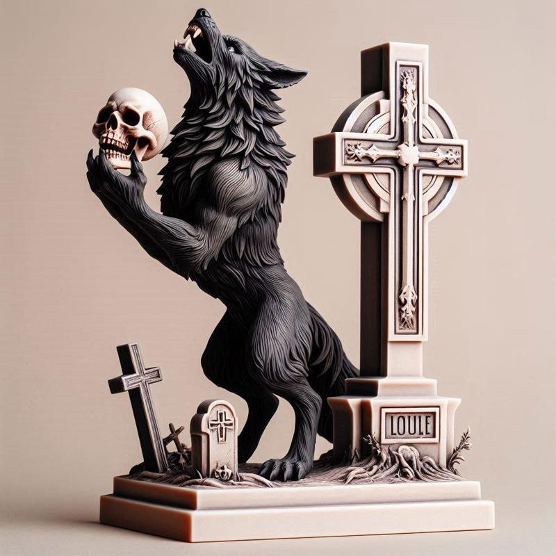 1069 COLORFUL Werewolf Howling with Skull - 3D Model, beast, magic, creature, fantasy, wood, base, sword, warrior, wild, cat, monster, dog, godzilla, fair, witch, werewolf, horror, beast, gothic, troll
