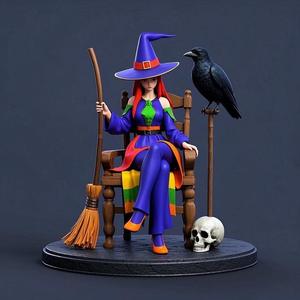 1342 Elegant Witch with Broom, Raven and Skull - Colorful Full-Body Figurine, magic, creature, fantasy, wood, gnome, gorgon, warrior, wild, fox, monster, cat, dog, fair, witch, werewolf, horror, beast, gothic, troll