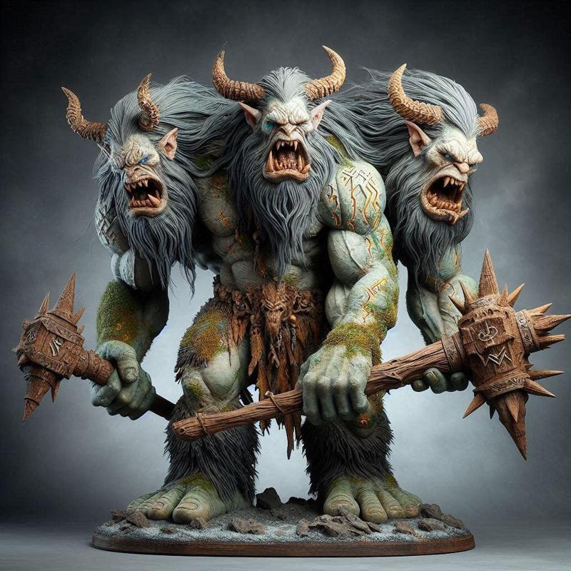 681 Three-Headed Troll - 3D-Printed Fantasy Statue with Club, character, sculpture, statue, creature, low poly, collectible, wood, sword, base, warrior, wild, dog, dragon, dnd, cat, monster hunter, monster, totem, totemic