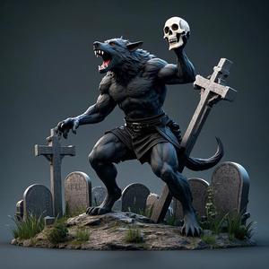 1817 Howling Werewolf with Skull - 3D Printed Statue, magic, dragon, serpent, mask, gnome, gorgon, venetian carnival, wild, fox, monster, cat, fair, witch, werewolf, horror, beast, snake, troll, skeleton dance