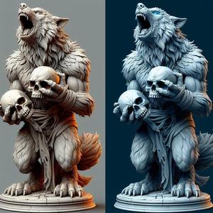 1761 COLORFUL Werewolf Howling with Skull - 3D Model, magic, fox, kung fu, shapeshifter, martial arts, fantasy, Pu Song Ling, warrior, mystic, legend, monster, fair, witch, werewolf, horror, beast, snake, troll, skeleton dance