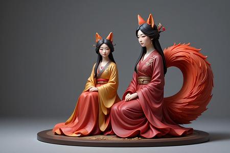 1835 COLORFUL Fox Spirit Woman in Pu Song Ling Style, magic, dragon, fantasy, wood, gnome, gorgon, warrior, wild, fox, monster, cat, dog, fair, witch, werewolf, horror, beast, gothic, troll