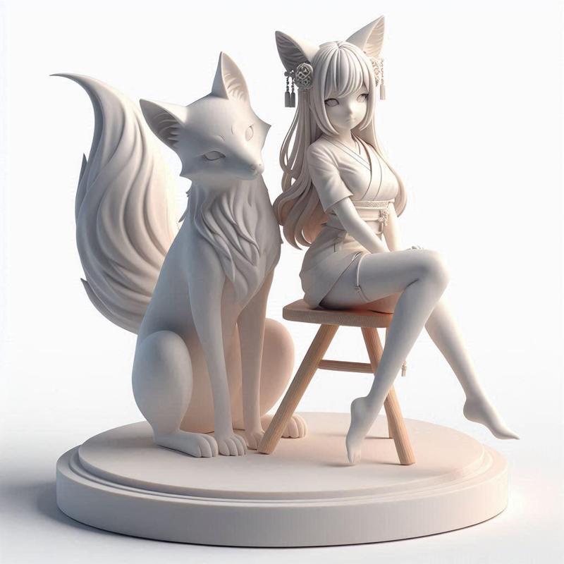 315 Fox Spirit Woman in Pu Song Ling Style, 3d model, statue, 3d print, magic, collectible, creature, dinosaur, sculpture, bear, troll, monkey, witch, club, werewolf, serpent, cat, fantasy, fairy