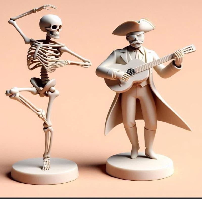 037 Dancing Skeleton and Guitarist Duo - Ivory 3D Models, magic, dragon, fantasy, wood, gnome, gorgon, warrior, wild, fox, monster, cat, fair, witch, werewolf, horror, beast, gothic, troll, skeleton dance