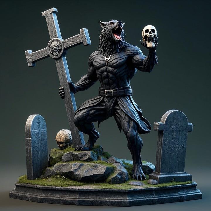 1879 Howling Werewolf with Skull - 3D Printed Statue, magic, dragon, serpent, mask, gnome, gorgon, venetian carnival, wild, fox, monster, cat, fair, witch, werewolf, horror, beast, snake, troll, skeleton dance
