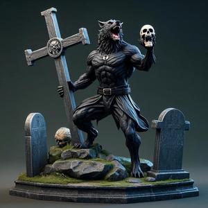 1879 Howling Werewolf with Skull - 3D Printed Statue, magic, dragon, serpent, mask, gnome, gorgon, venetian carnival, wild, fox, monster, cat, fair, witch, werewolf, horror, beast, snake, troll, skeleton dance