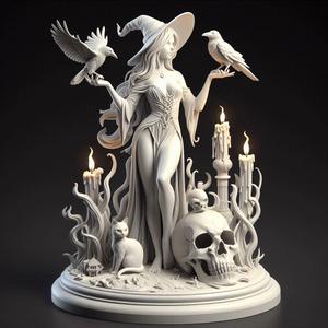336 Elegant Witch with Candles, Raven, Cat and Human Skull- Full-Body Figurine,statue, 3d print, magic, collectible, creature, dinosaur, sculpture, bear, monkey, witch, werewolf, serpent, cat, fantasy, fairy, art, dragon