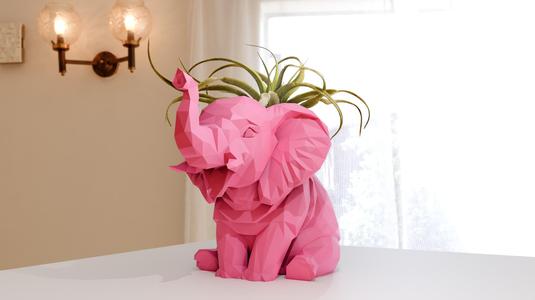 baby elephant sitting planter pot flower vase trunk up low poly stl