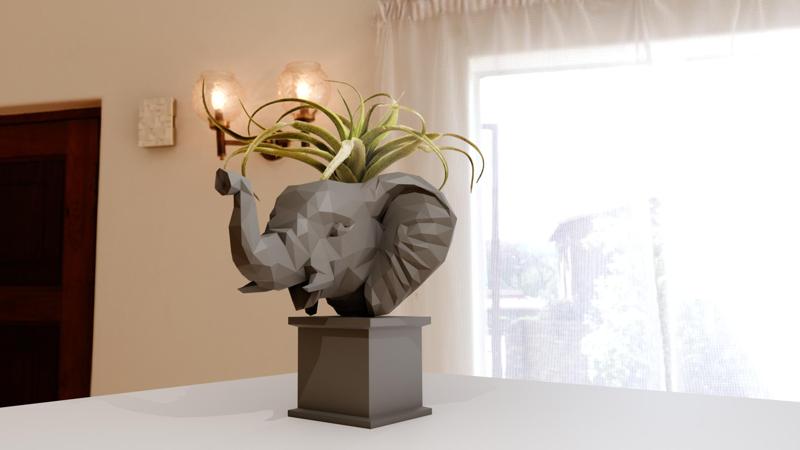 baby elephant head bust planter pot flower vase low poly trunk up stl