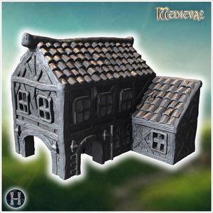 Large wooden building with arched entry, small annex, and detailed roof tiles (38) - Medieval Gothic Feudal Old Archaic Saga 28mm 15mm RPG