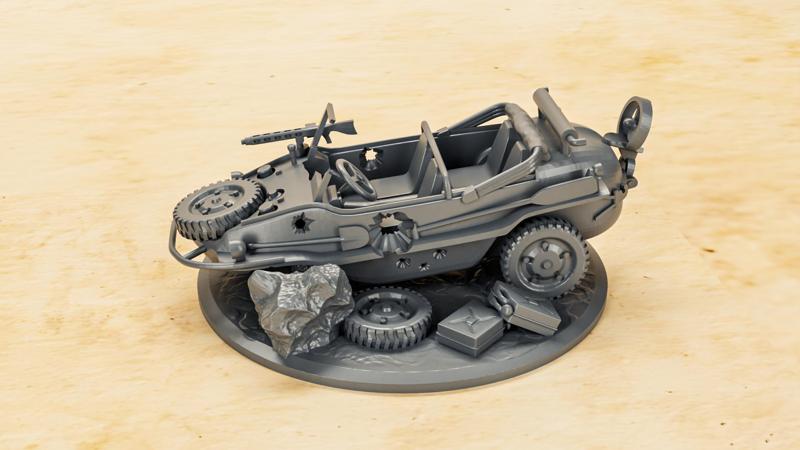 VW Schwimmwagen (damaged+not damaged) (Germany, WW2) - Objective marker#44 for Bolt Action (diameter 60mm) (scale 1:56)