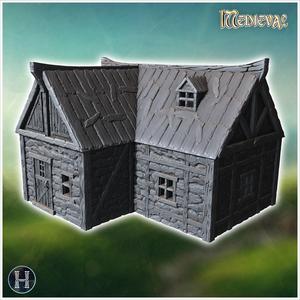 Two-story wooden house with a stone base, dormer windows, and wooden beams visible (35) - Medieval Gothic Feudal Old Archaic Saga 28mm 15mm RPG
