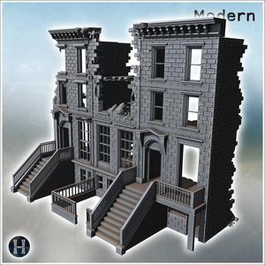Dual staircase building with broken central walls and detailed brickwork on the facade and steps (5) - Modern WW2 WW1 World War Diaroma Wargaming RPG Mini Hobby