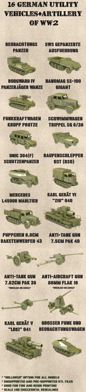 STL PACK - 16 GERMAN Military Utility vehicles + Artillery of WW2 (1:56, 28mm) - PERSONAL USE