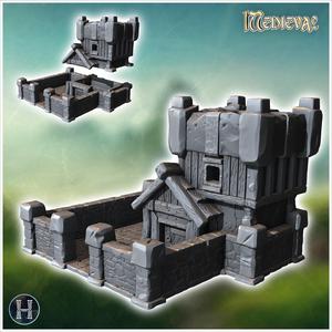 Medieval defense post with square stone tower, low wall and tiled roof (13) - Medieval Gothic Feudal Old Archaic Saga 28mm 15mm RPG
