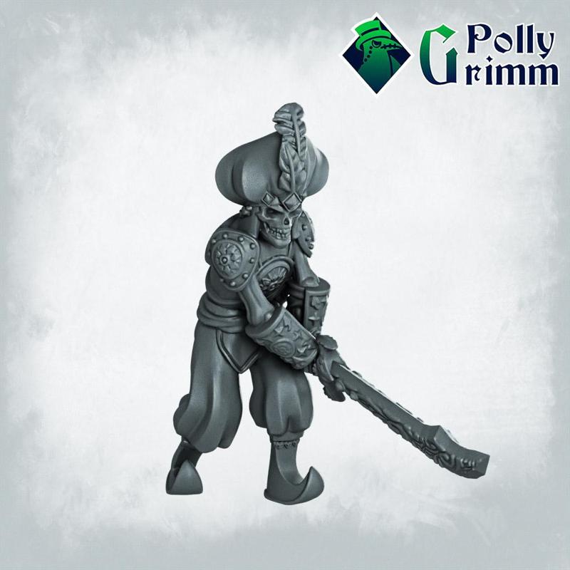 Fantasy and historic miniatures for tabletop games. Arabian Nightmare. Skeleton army. Soldier with two-handed scimitar