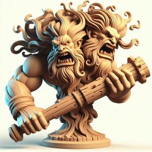 104 Two-Headed Roaring Giant - 3D-Printed Wooden-Style Statue, character, monster, fantasy, art, sculpture, model, animal, 3d model, statue, creature, magic, 3d print, collectible, cat, wood, dragon, sword, base, warrior