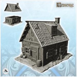 Medieval house with tiled roof, floor window and accessories (3) - Medieval Gothic Feudal Old Archaic Saga 28mm 15mm