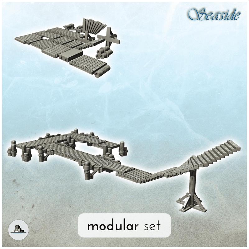 Modular wooden dock pontoon set for boat with stairs (13) - Pirate Jungle Island Beach Piracy Caribbean Medieval Skull Renaissance