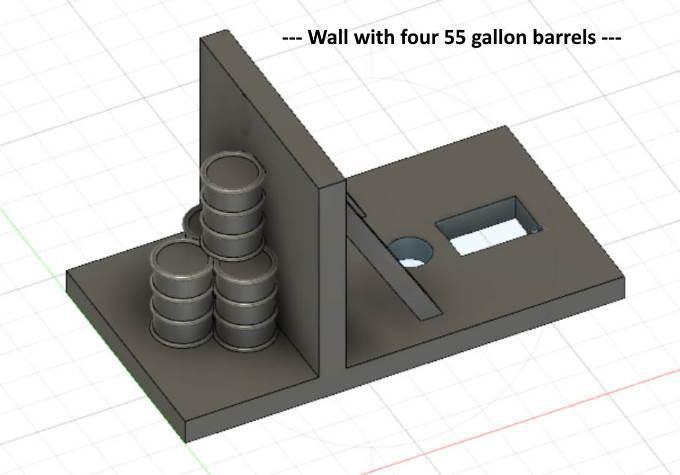 Deck with a wall and 4 barrels on it for switch machine --- N Scale