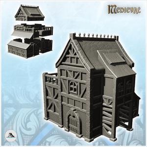 Large medieval half-timbered building with wooden terrace and annex (29) - Medieval Feudal Old Archaic Saga 28mm 15mm